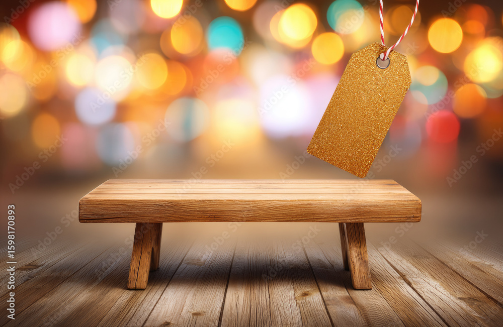 Poster wooden table with empty golden tag and string on festive bokeh background, perfect for product displ