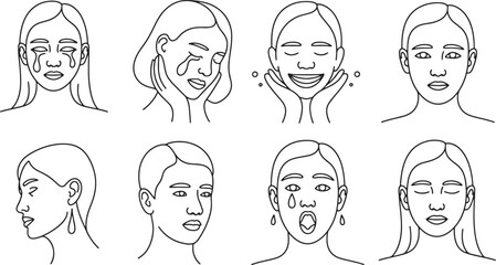 Emotional Women Faces Line Art Vector Illustration with Tears, Smiles, and Expressions