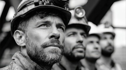 Mining workers observing equipment underground mine black and white photo industrial setting close-up perspective