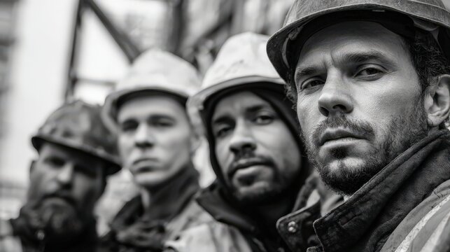 Construction workers portrait urban site black and white photography industrial environment close-up team unity