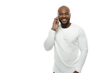 Bald man talking on the phone isolated on transparent or white background, png