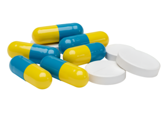 Isolated Photo of Blue Yellow Capsules and White Tablets