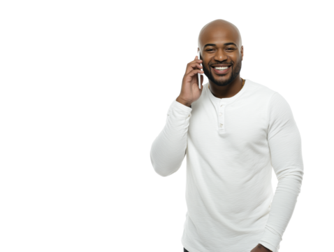 Bald man talking on the phone isolated on transparent or white background, png