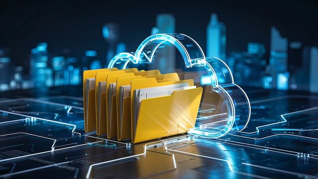 Digital cloud storage concept with glowing blue cloud icon protecting a stack of yellow file folders on a futuristic circuit board