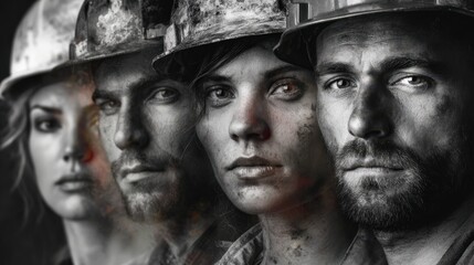 Brave workers overcoming challenges construction site black and white portraits gritty environment close-up resilience