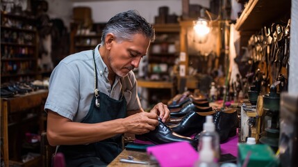 Skilled shoemaker repairs leather shoes in a traditional workshop during late afternoon sunlight
