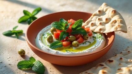 A bowl of yogurt garnished with tomatoes, green olives, mint leaves, with pita bread on the side, served on a sandy surface with fresh mint leaves around.