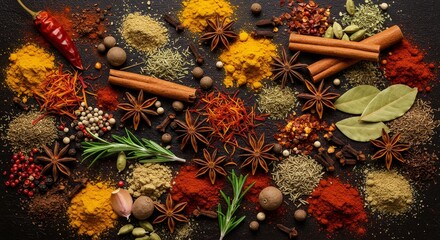 Exotic spice arrangement showcasing culinary vibrancy and aromatic intensity