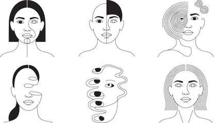 Abstract Female Face Line Art Collection Exploring Identity and Perception in Monochrome
