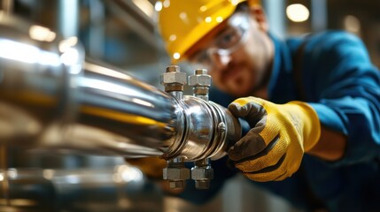 Industrial worker performing maintenance on metal pipe in factory machinery environment close-up view for training purposes