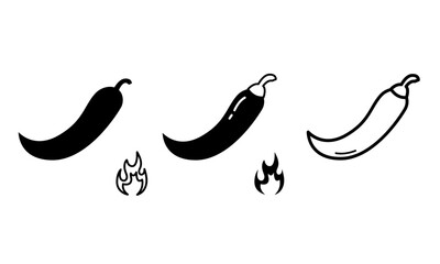 Chili pepper hot in black flat style, silhouette and outline with flame. Element, icon set for design for kitchen, cafe, textile. Vector illustration.
