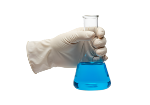 Isolated Photo of Gloved Hand Holding Beaker With Blue Solution