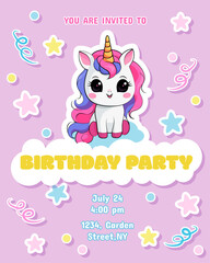 Cute unicorn kids birthday invitation, party invitation vector template. Hand drawn trendy children's vector illustration in pastel colors.