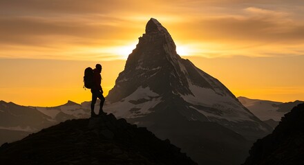 Silhouette of a hiker with backpack standing on a mountain peak at sunset