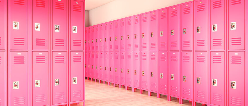 Pink lockers in school gym hallway 3d