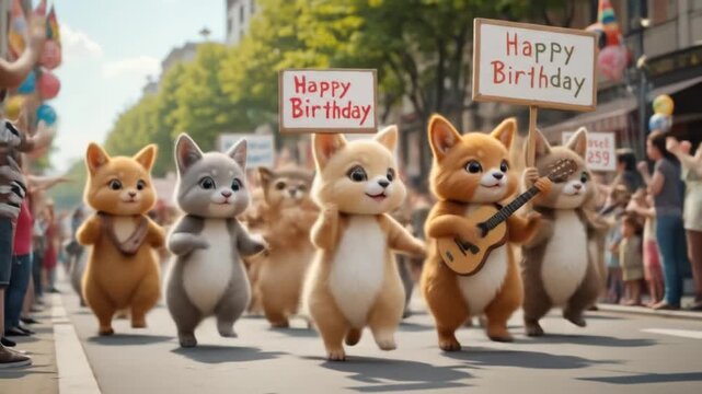 Charming Cartoon Cats Parade Celebrating Happy Birthday with Joyful Music and Festive Spirit