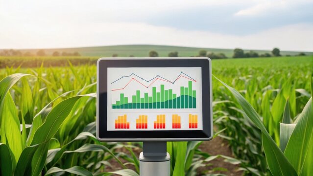 Digital display showing agricultural data in a cornfield, illustrating modern farming technology and crop monitoring.