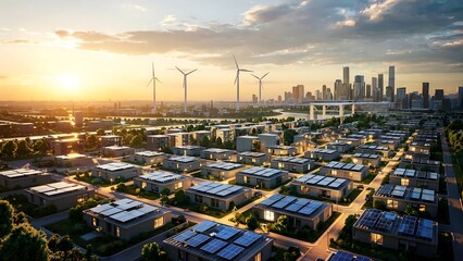 Sustainable urban landscape at sunset featuring modern residential homes with solar panels and distant wind turbines powering a futuristic city skyline