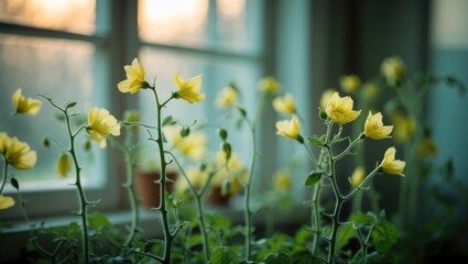 Yellow flowers growing indoors near a window, with sunlight shining through, creating a warm and cozy atmosphere.