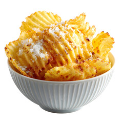 White bowl of rippled potato chips, golden texture and surface salt illuminated, isolated on transparent background. --v 7.0 --s 250 --raw