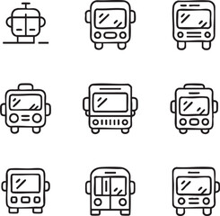 Public transportation vector icon set outline style,editable stroke bus,cable car,school bus,various transport,public vehicle,front view,simple line art,urban travel,transport icon set