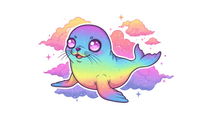 Rainbow Pixel Art Baby Seal in Pastel Clouds