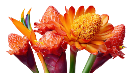 Bird of Paradise Torch Ginger and Red Ginger, detailed studio photograph of tropical sculpted inflorescences, with transparent background