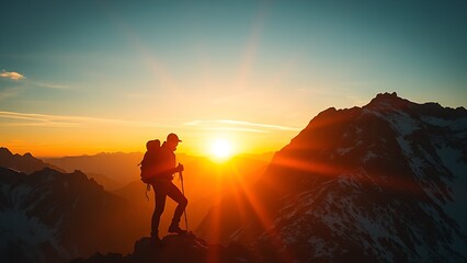 Fototapeta premium Silhouette of mountain climber at sunrise with dramatic landscape