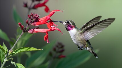 A vibrant hummingbird gracefully hovering near a blooming red flower