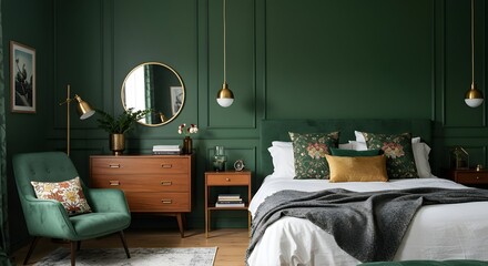 Hunter Green Bedroom with Mid-Century Furniture, Gold Fixtures, and Patterned Pillows – Modern, Stylish Retreat for Elegant, Inviting, and Relaxing Sleep Spaces