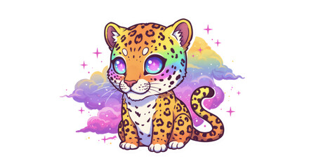 Rainbow Pixel Art Jaguar Cub in Pastel Clouds