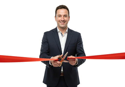 Isolated Photo Businessman Cutting Red Ribbon