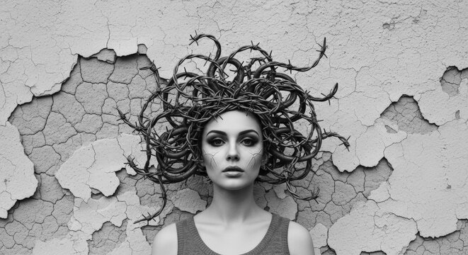 Barbed Wire Medusa. Ancient mythological woman with barbed wire snakes hair on a cracked stucco wall background. Black and white photo with copy space in horizontal format.
