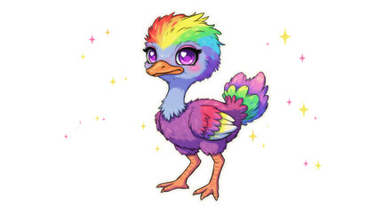 Rainbow Pixel Art Ostrich with Sparkles on Transparent Background