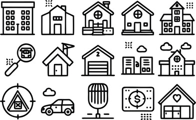 Fototapeta premium Real Estate and Property Line Editable Icon Set. Containing house, building, apartment, home search, garage, city, car, money, and more. Editable stroke. Vector illustration.