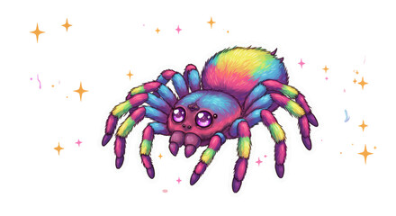 Rainbow Pixel Art Spider with Sparkles on Transparent Background