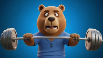 Strong Bear 3D Animated Weightlifting Fun Adorable brown bear character lifts weights against a vibrant blue background Enjoy this fun energetic animation.