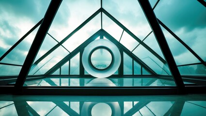 Futuristic glass architecture with geometric shapes and a circular window, seen from inside the building. Modern design and structural elements.