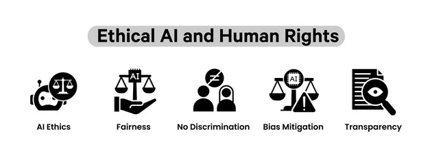 Ethical AI and Human Rights icons. AI Ethics, Transparency, Fairness, Bias Mitigation, No Discrimination. Flat icons. Black illustration.