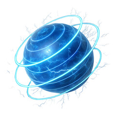 Captivating blue sphere pulsating with vibrant electric energy surrounded by glowing rings against stark black creating