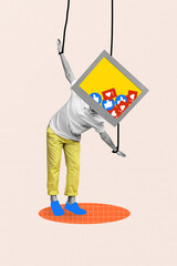3D collage trend artwork composite sketch poster of young man monitor computer head stand balance...
