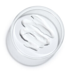 Cosmetic product in Petri dish isolated on white, top view