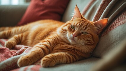 A relaxed orange tabby cat lying comfortably on a sofa with cushions.