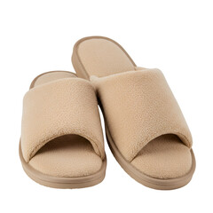 Isolated Photo of Beige Plush Slippers on Transparent Background