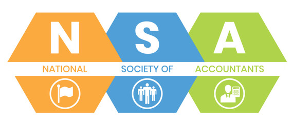 NSA - National Society of Accountants acronym. business concept background. vector illustration concept with keywords and icons. lettering illustration with icons for web banner, flyer