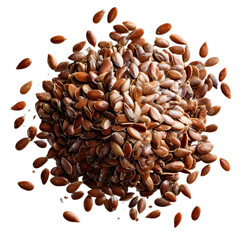 Whole flaxseeds scattered naturally with matte texture and earthy tones, arranged loosely and isolated on a transparent background for nutrition visuals. --v 7.0 --s 250 --raw