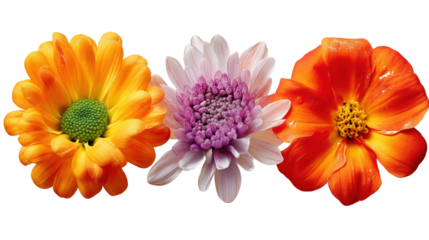 Chrysanthemum Aster and Coreopsis, flat lay macro of bright composite flowers and layered petals, with transparent background