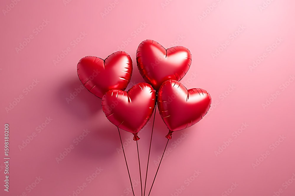 Aufkleber four shiny red heart-shaped balloons floating against a pastel pink background with subtle shadows a