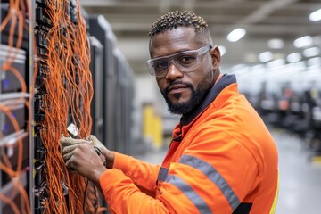 Young man working on office technical support tasks.