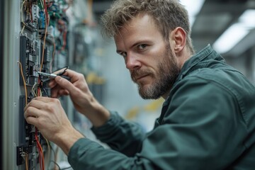 Technician troubleshooting office network connection issues.